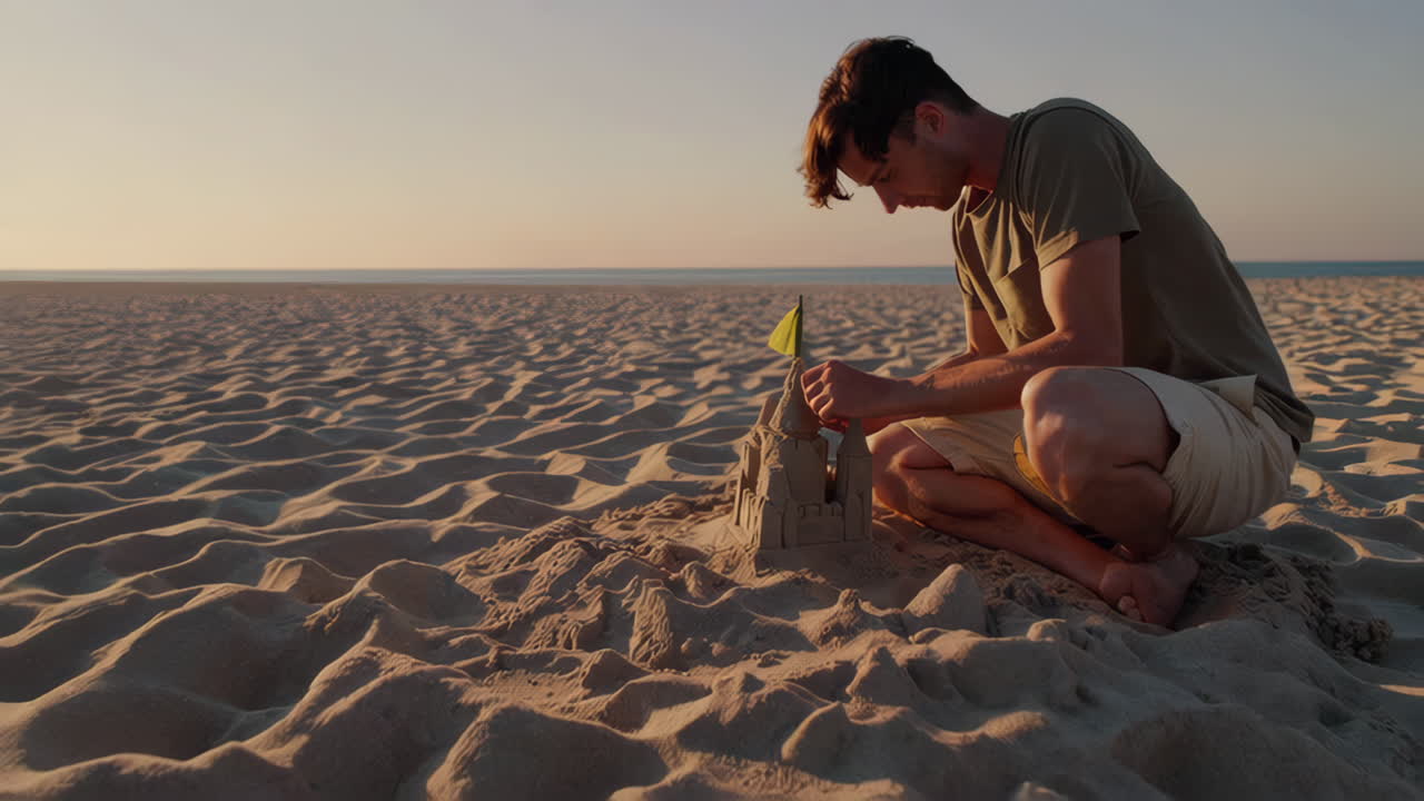 Man building a sandcastle with a leaf flag on the beach at golden hour