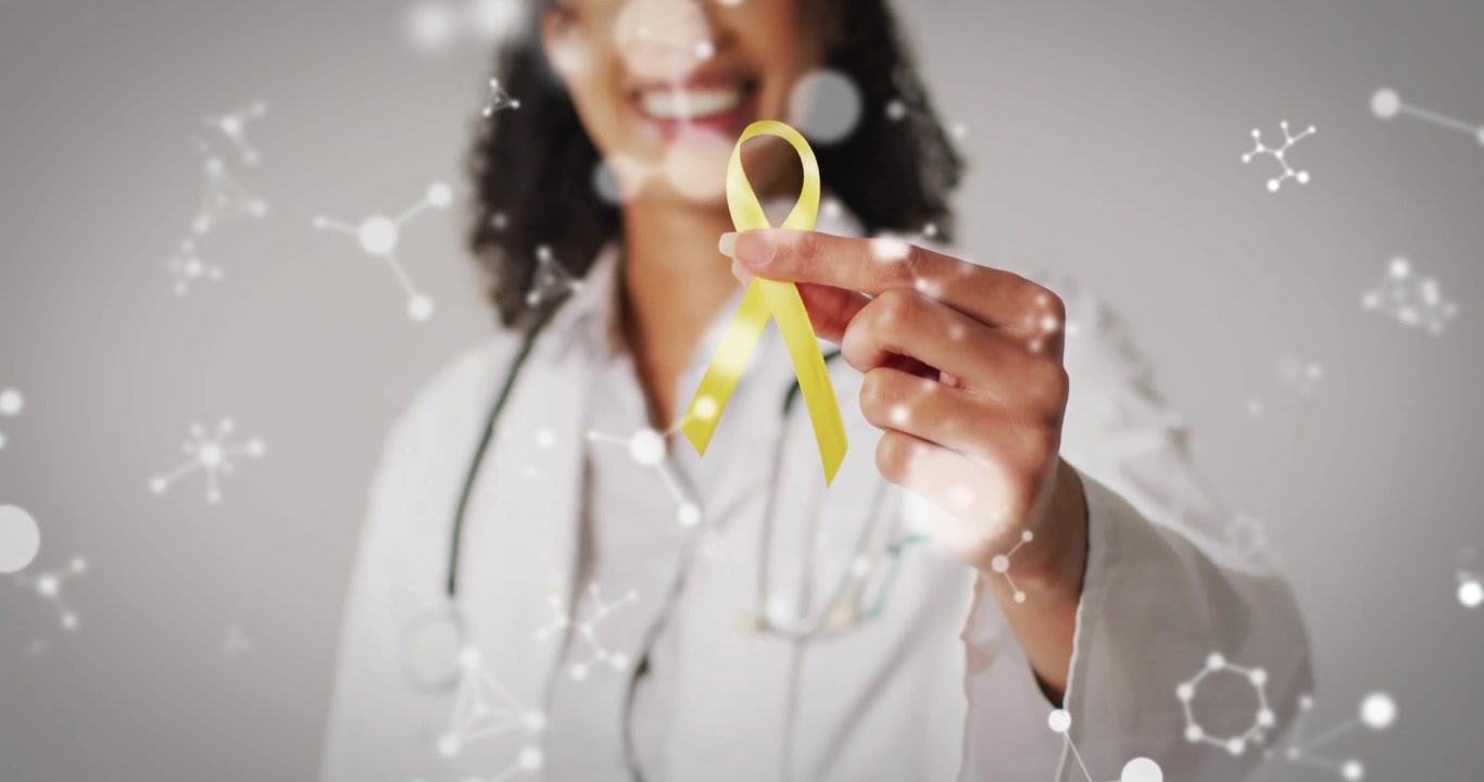 Médico focando em uma fita amarela e depois levantando-a enquanto moléculas flutuam, mostrando conscientização sobre saúde