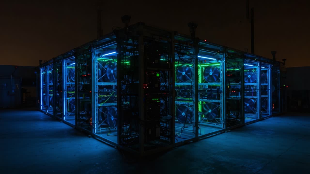 Illuminated Data Center Racks: A Glimpse into the Futuristic World of High-Performance Computing and Technology with Gleaming Lights and Advanced Cooling Systems