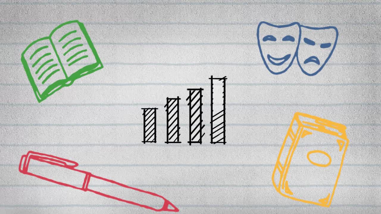 animación de iconos escolares sobre papel con regla blanca