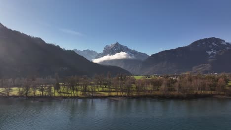 scenic alpine lake view with snowy mountain peak