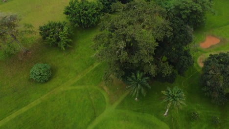 Disparo-De-Un-Dron-Inclinado-Sobre-Un-Campo-De-Golf-En-La-Ciudad-De-Yaundé,-En-Camerún,-África