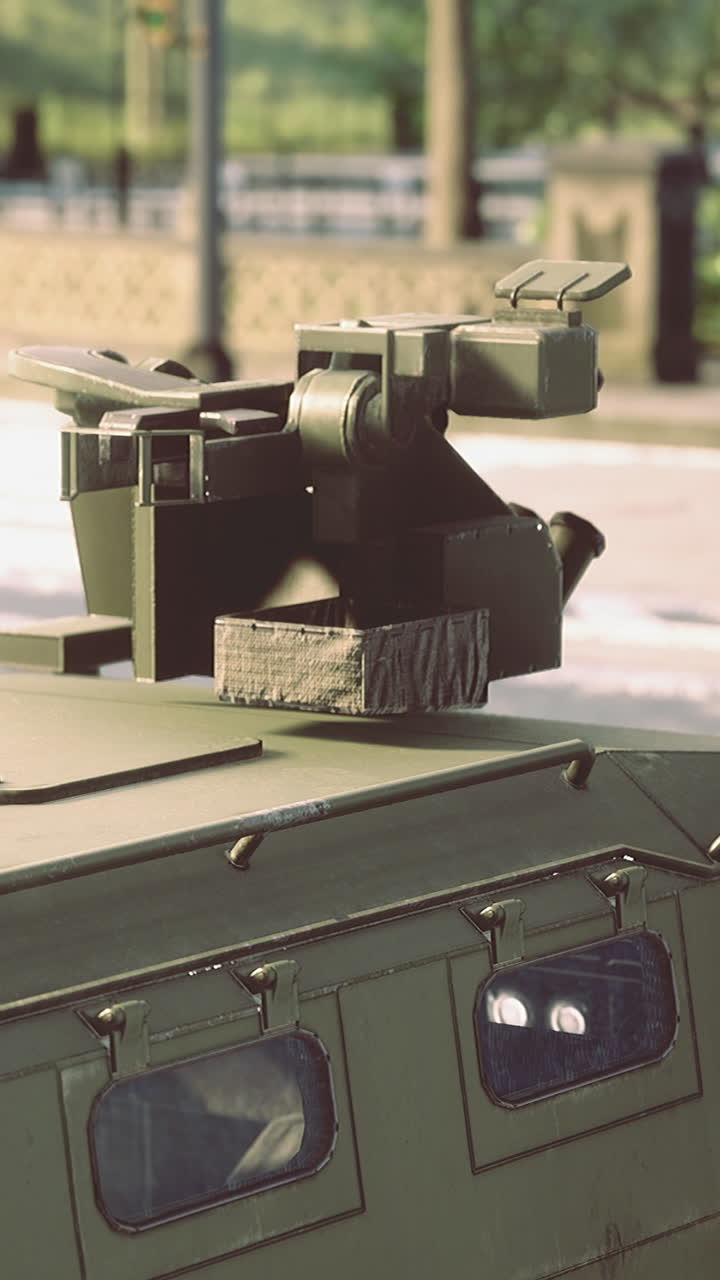 Military vehicle with mounted equipment on a city street during daytime