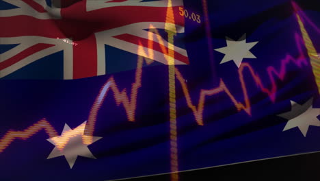 Fluctuating financial graph overlaying Australian flag animation in stock image