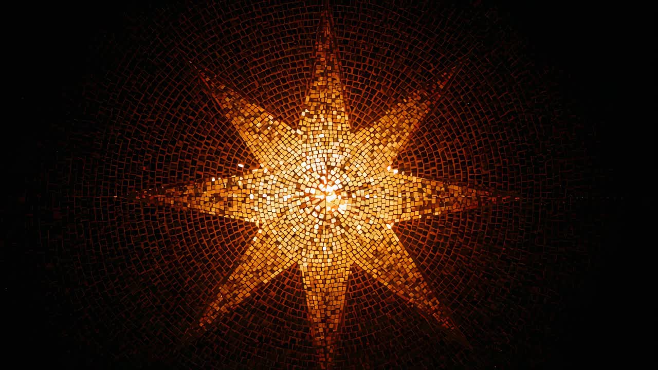 Pulsing central light causing eight-pointed mosaic star brightening and dimming on ceiling mosaic