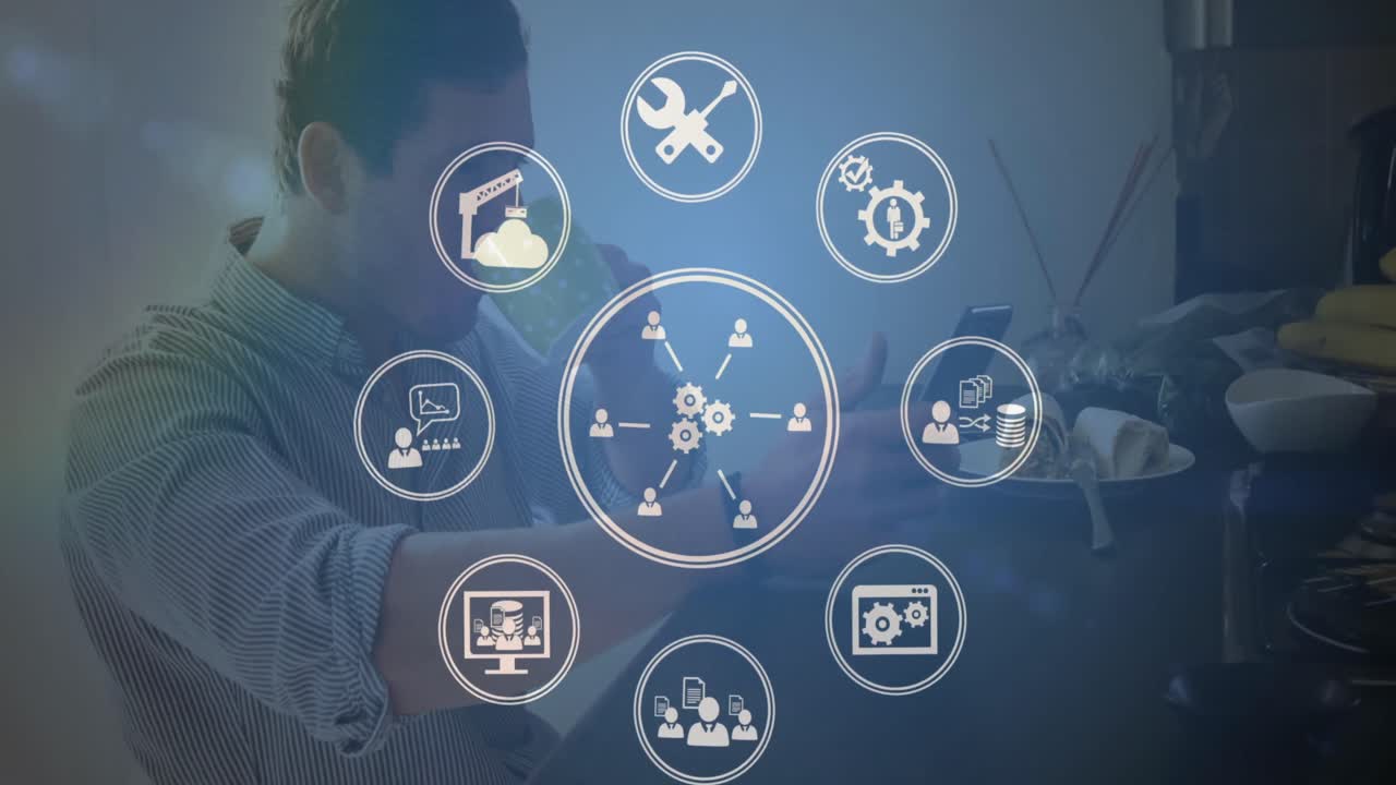 animación de iconos digitales sobre un hombre discapacitado caucásico usando un teléfono inteligente y bebiendo café.