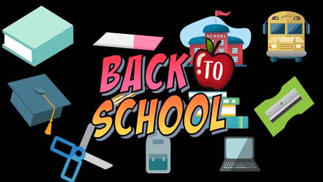 Animation-Von-Back-to-School-Texten-über-Schulartikel-Symbolen-Auf-Schwarzem-Hintergrund