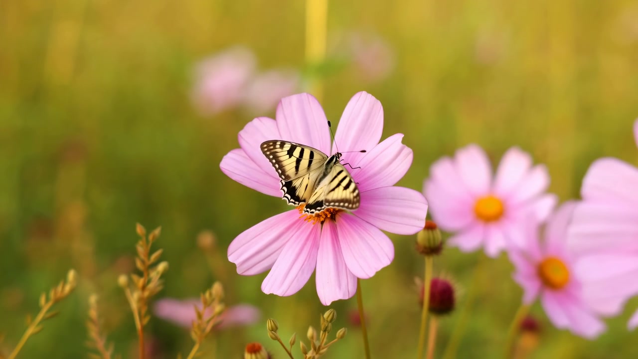 Una farfalla a strisce si posa su un fiore rosa in un prato leggermente sfocato, circondata da petali delicati e una calda luce naturale del giorno.