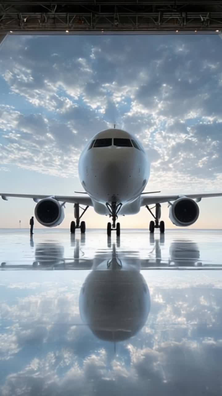 Un maestoso aeromobile si erge fiero in un hangar con un riflesso mozzafiato sul pavimento e un cielo drammatico come sfondo, mostrando la bellezza e l'innovazione dell'aviazione