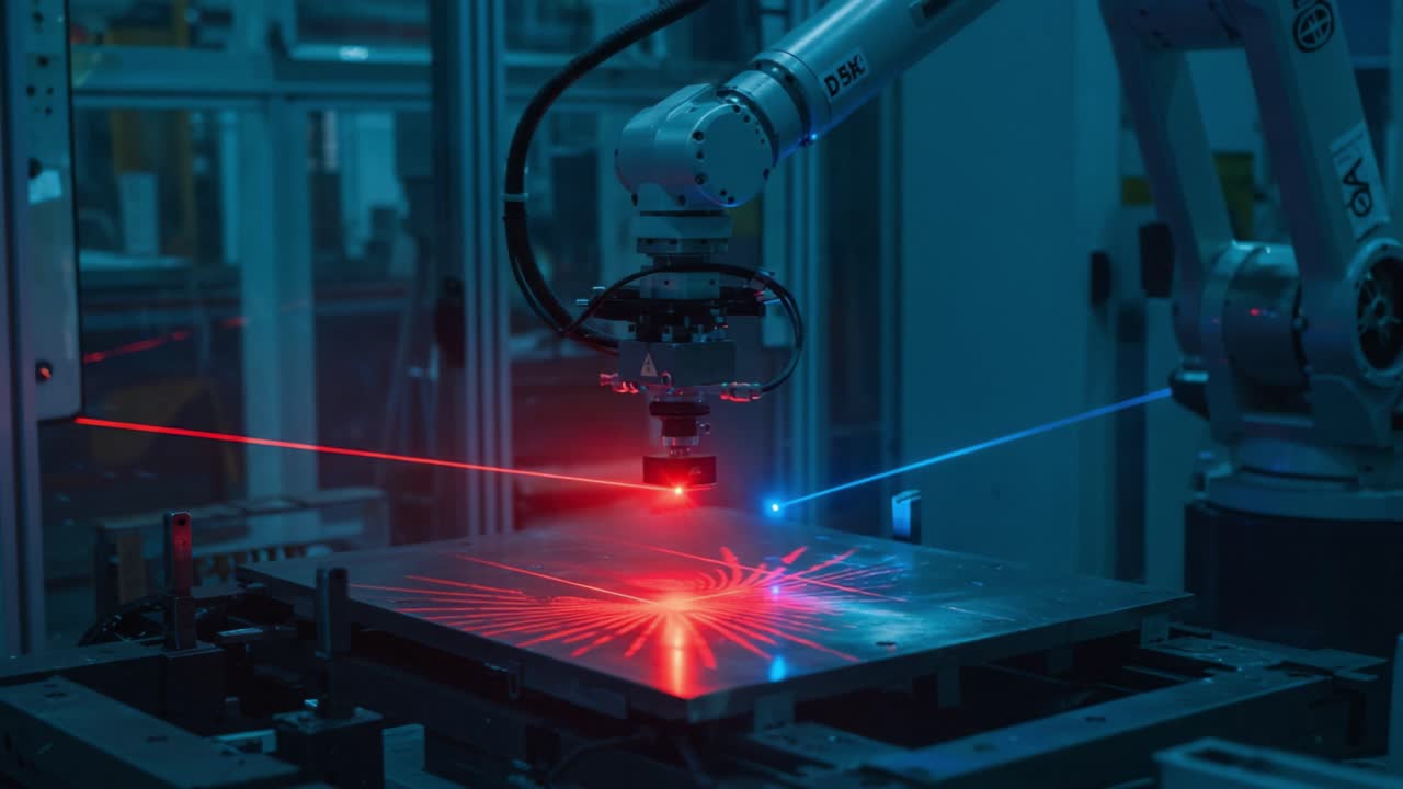 Advanced Robotic Arm Utilizing Laser Technology to Manipulate Materials with High Precision in a Modern Industrial Setting