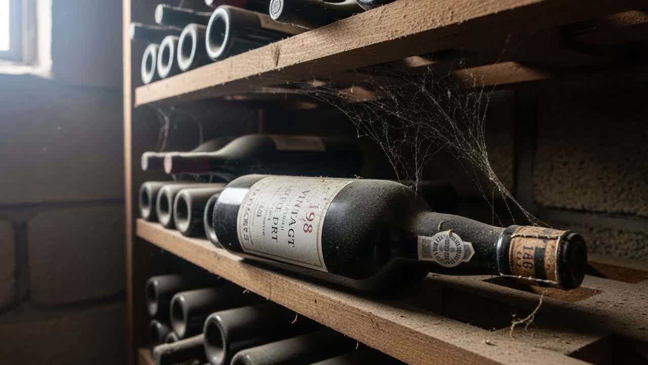 Aged Vintage Wine Bottle Surrounded by Dust and Cobwebs on Wooden Rack, Illustrating the Beauty of Forgotten Moments in a Rustic Wine Cellar