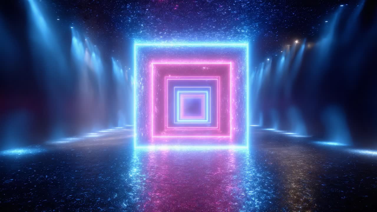 A Mesmerizing Journey Through a Hypnotic Neon Tunnel: Experience the Enchantment of Colorful Light, Reflection, and Depth in a Futuristic Setting