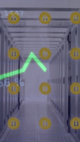 animación de líneas de procesamiento con iconos de seguridad en línea a través de servidores informáticos