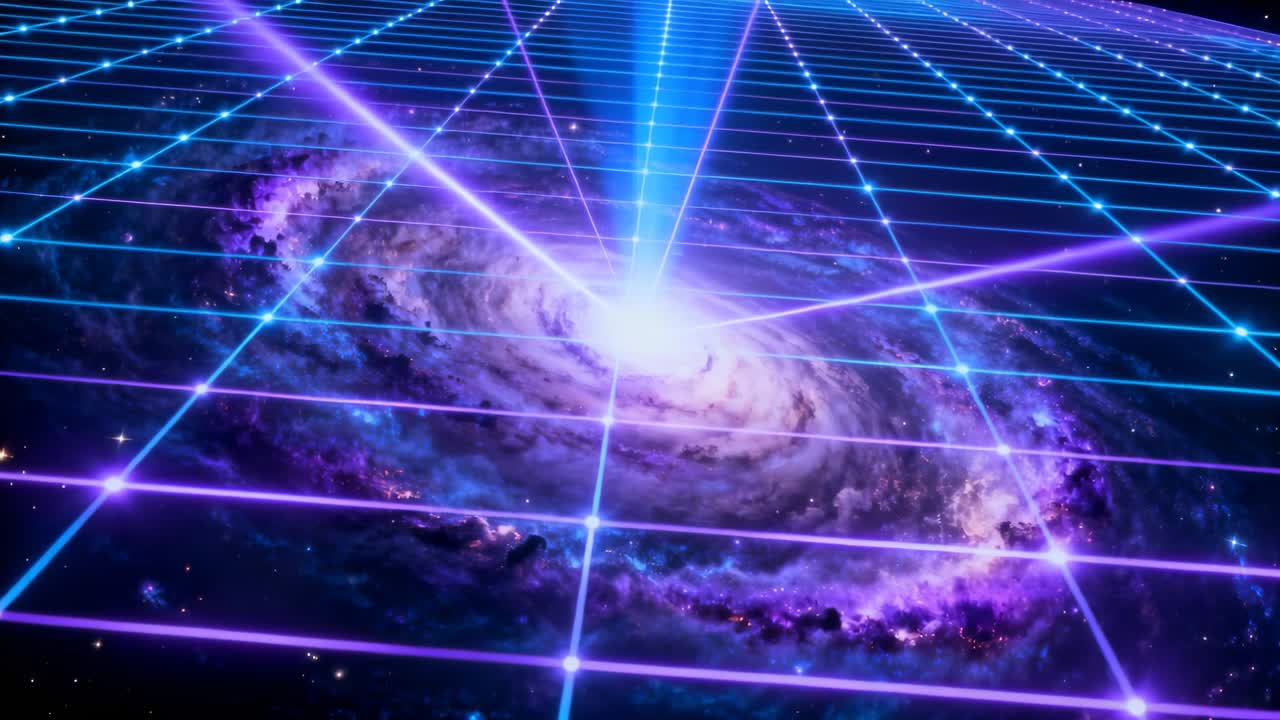 Raggio blu verticale che spara un ventaglio laser convergente sul nucleo, griglia al neon pulsante, galassia luminosa, effetto tecnologico.