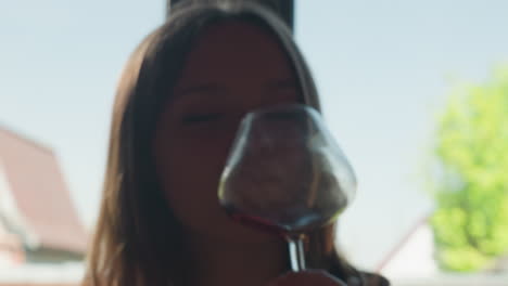close up of women making a toast, two glasses filled with red wine and one with white wine, clinking glasses together, celebrating, with sunlight shining through window, joyful moment