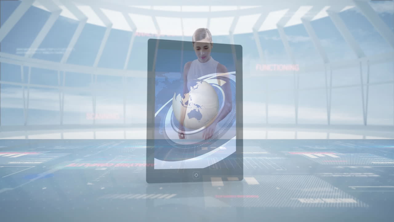 Interacting with digital animation, woman engaging with globe and data in school