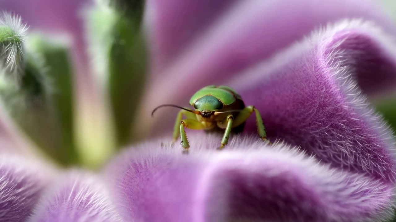 Makro-nærbillede af en lille grøn bille, der sidder på en blød lilla blomst med behårede kronblade, lav dybdeskarphed og naturligt lys i et sart forår.