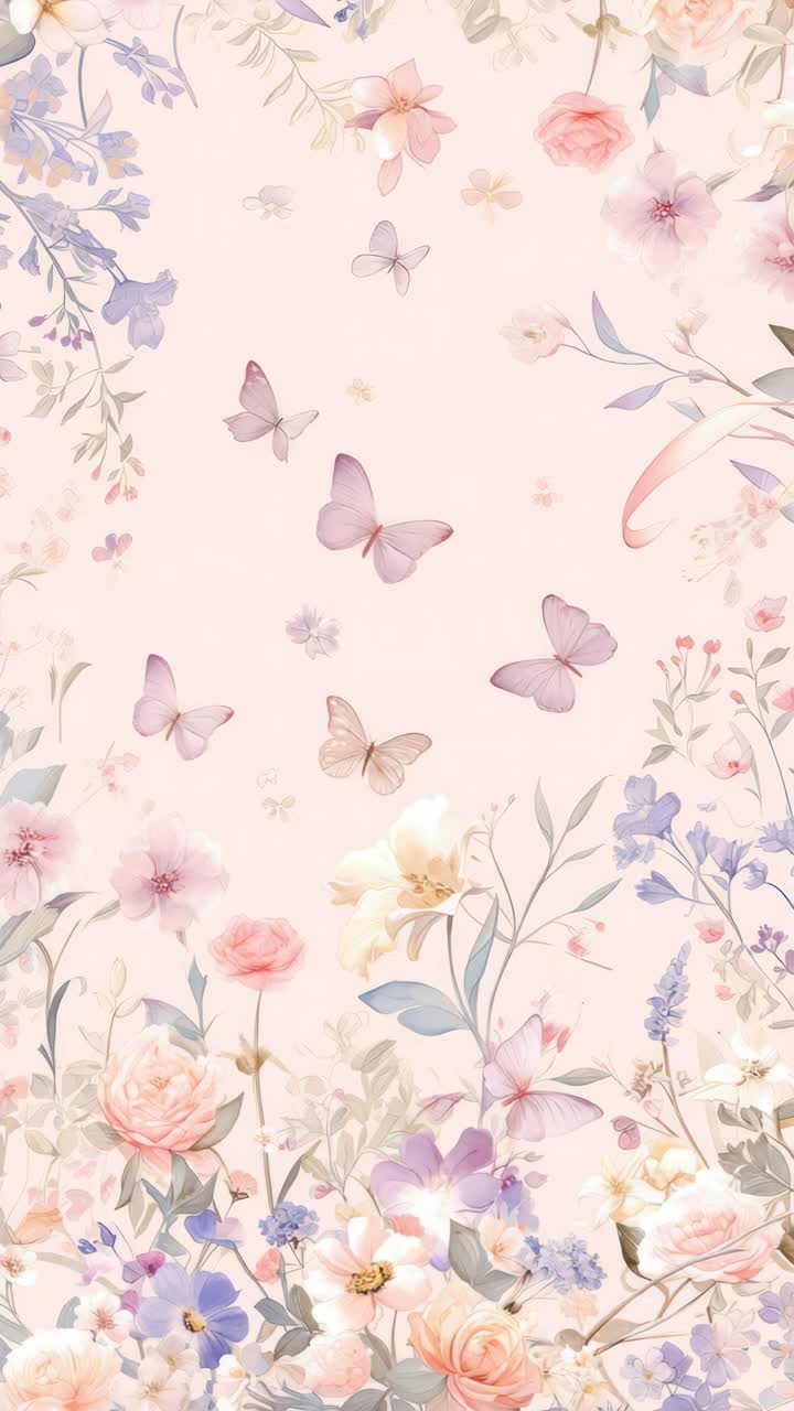 Aerial view of delicate floral and butterfly pattern on a soft pink background