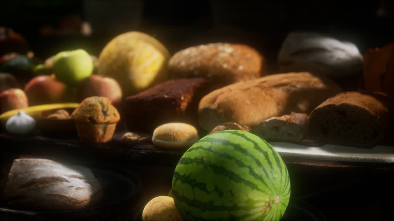 mesa de comida con barriles de vino y algunas frutas, verduras y pan