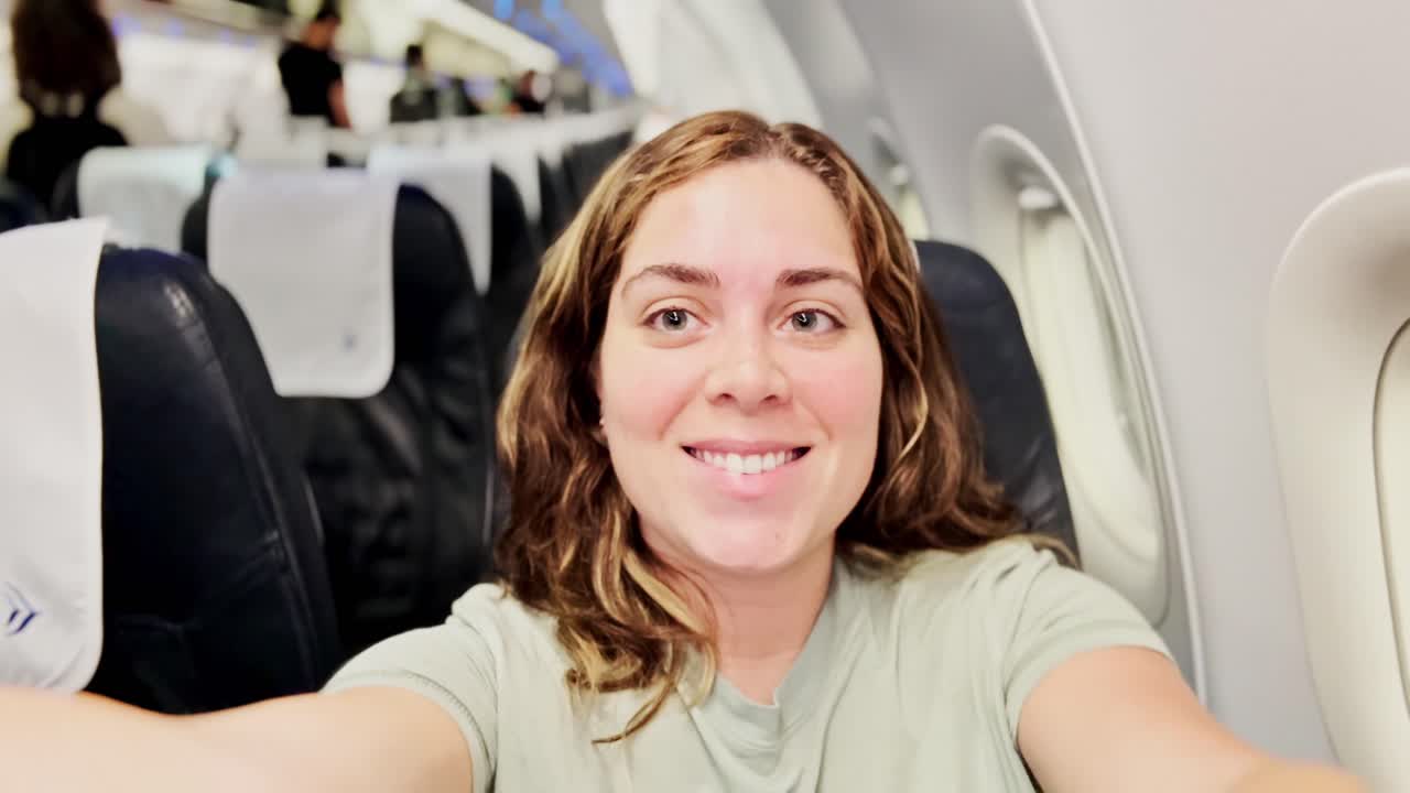 Happy Woman Traveling by Airplane for Vacation