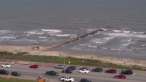 Drohnenansicht-Des-Galveston-Beach-In-Galveston,-Texas