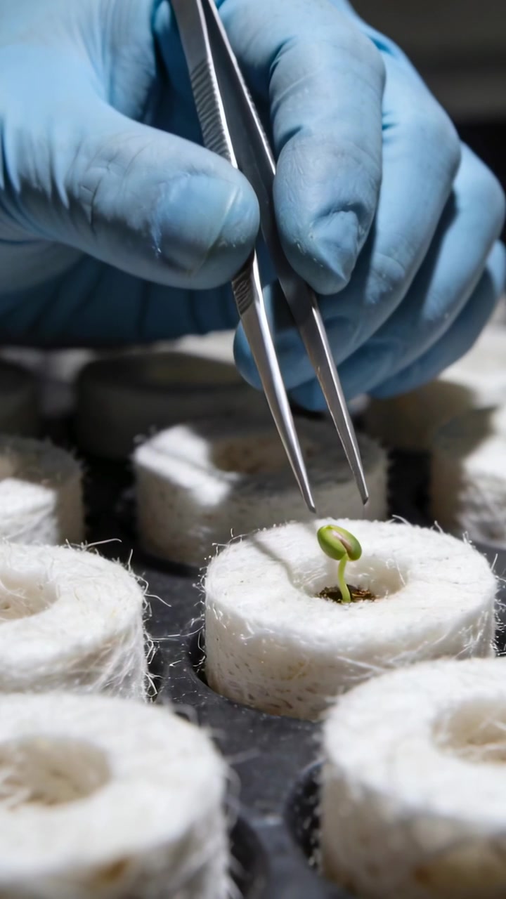 Video verticale: Mani con guanti blu che entrano nell'inquadratura usando delle pinzette, sollevando un germoglio in un tappo e allineando lo stelo