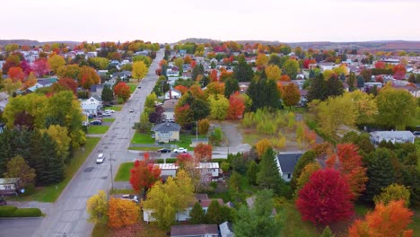 settlements filled with colorful autumn trees in estrie, quebec, canada. aerial drone shot