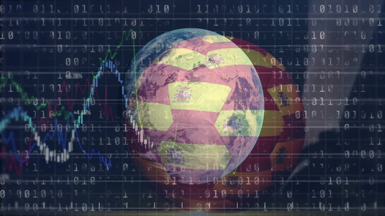 Soccer ball with animation of digital data and stock market chart overlay
