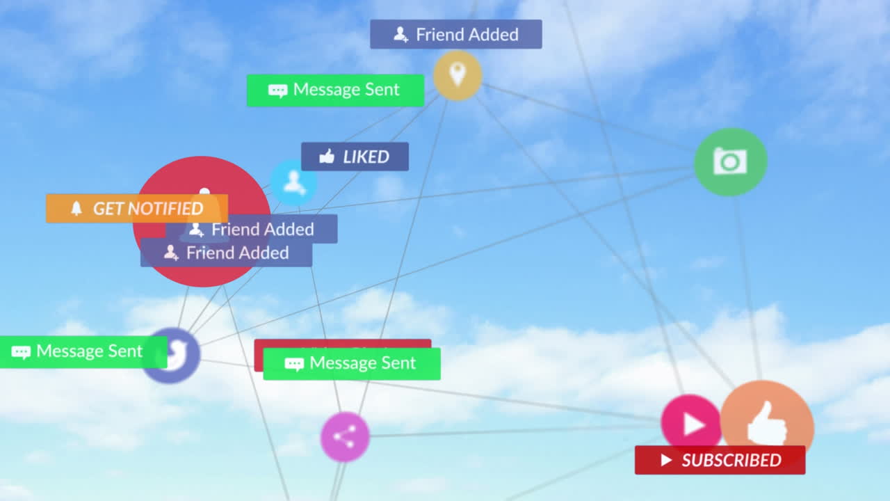 하늘 위에 디지털 아이콘이 있는 배너에 있는 소셜 미디어 텍스트의 애니메이션