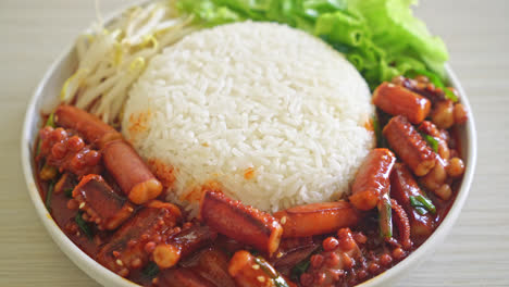 Ojing-O-Bokeum---Stir-fried-squid-or-octopus-with-Korean-spicy-sauce-rice-bowl---Korean-food-style