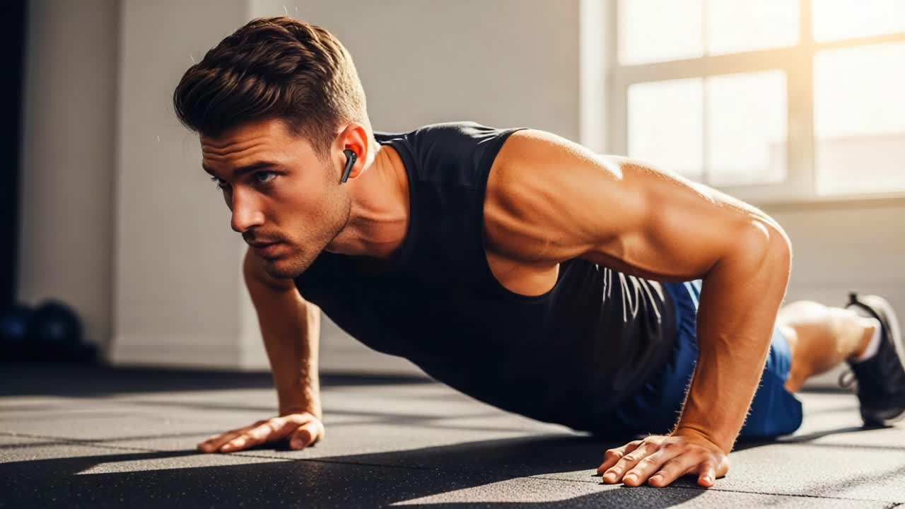 A focused individual performing push-ups in a well-lit gym, showcasing dedication to fitness and strength training with every focused movement and disciplined posture