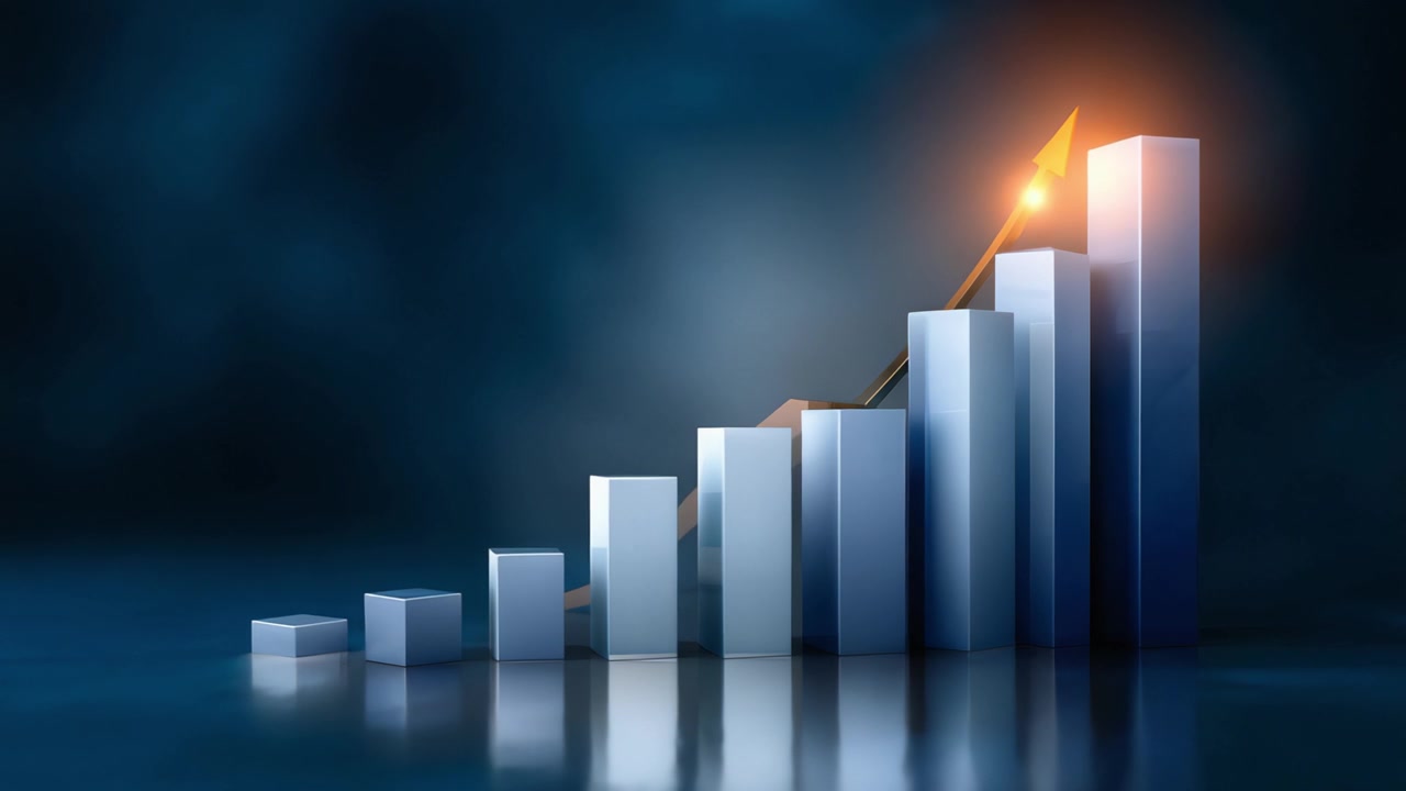 Data Growth Visualization: A Dynamic Representation of Increasing Business Metrics via Ascending Bar Graphs and Progress Displayed with an Upward Arrow