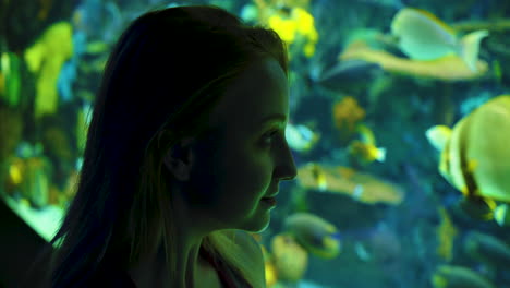 an attractive, young woman gazing at the fish in an acquarium