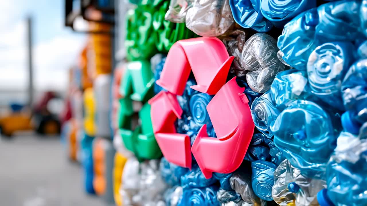 Contenitori per la raccolta differenziata in un sito di lavorazione. I lavoratori smistano e impilano materiali colorati per il riciclo in un impianto di gestione dei rifiuti sotto il sole pomeridiano.