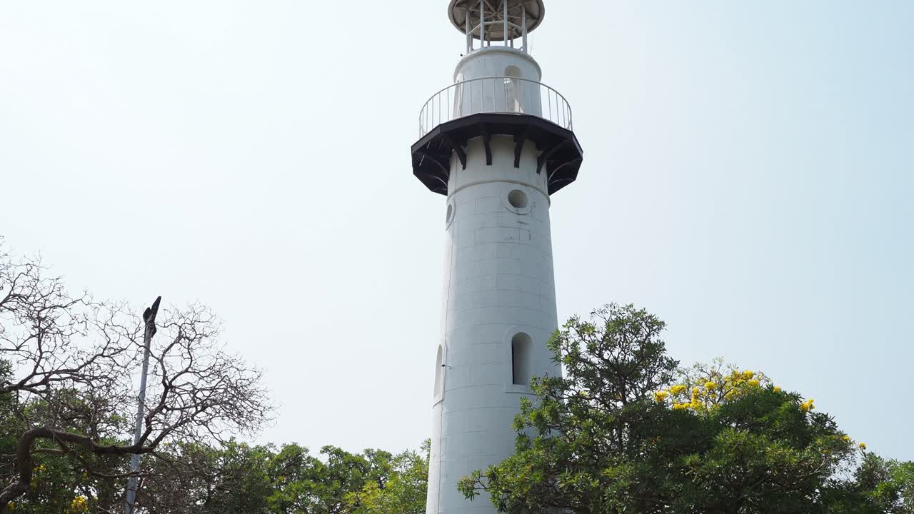 Camera pans up a lighthouse surrounded by trees