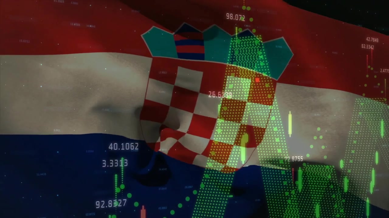 Při mávání vlajkou chorvatský státní znak zobrazuje pulzující finanční data ukazující tržní trendy.