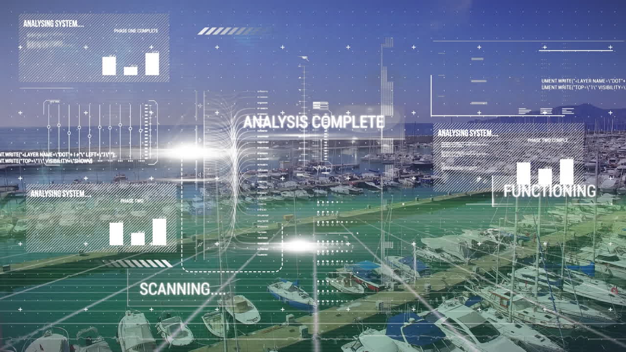 Animation of statistic and data processing over marina landscape