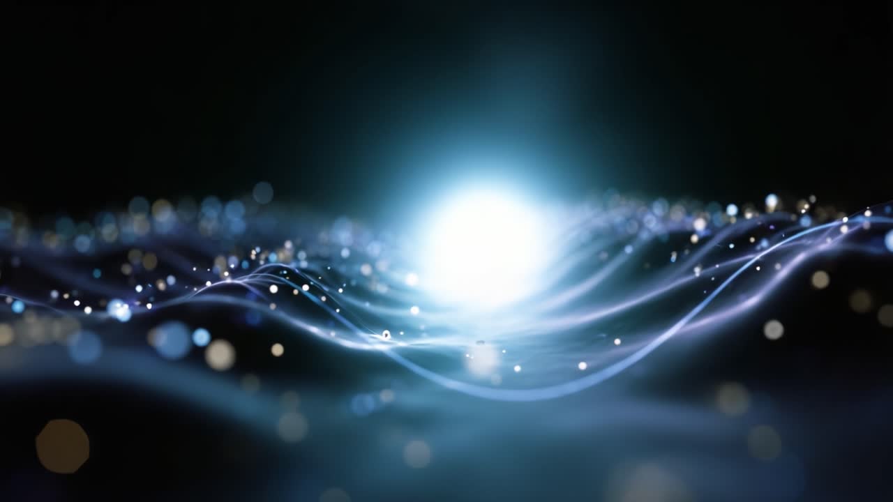 A mesmerizing blend of light and motion creates an ethereal wave of shimmering particles flowing gracefully into an enchanting cosmic sea of colors