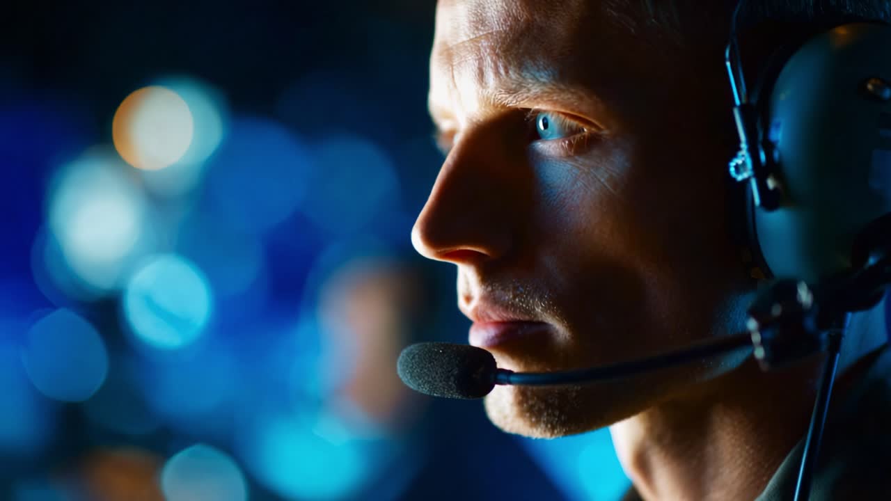 Focused and Determined: A Close-Up View of an Individual Wearing a Headset, Capturing the Intensity of Concentration and Clarity Amidst a Dynamic Background