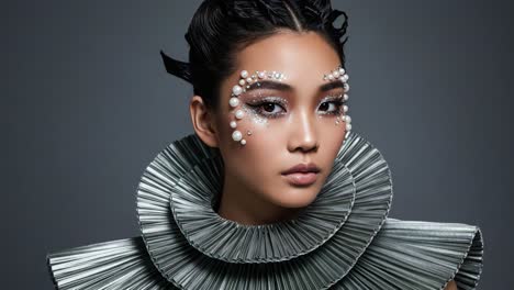 a stunning portrait of a fashion model showcasing avant-garde makeup and couture fashion with intricate details and creative use of accessories