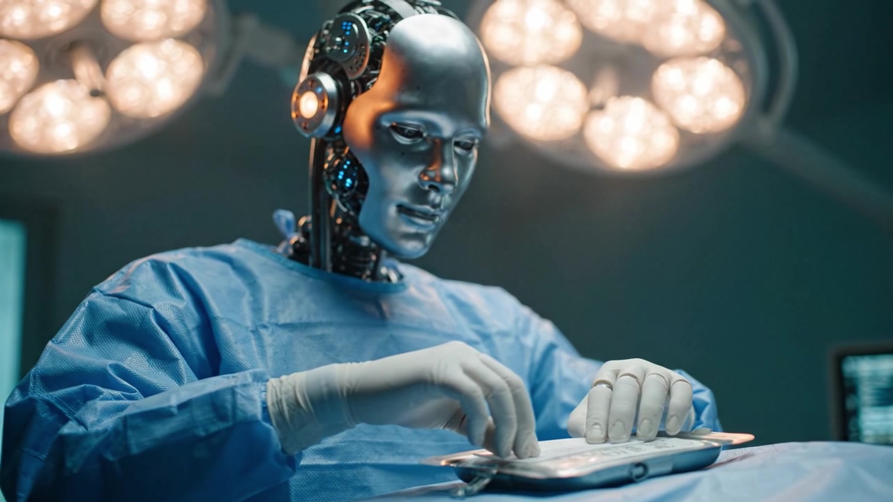 Robotický chirurg operuje s přesností v operačním sále, představující pokročilou technologii a budoucnost medicíny prostřednictvím inovativních chirurgických zákroků a technik
