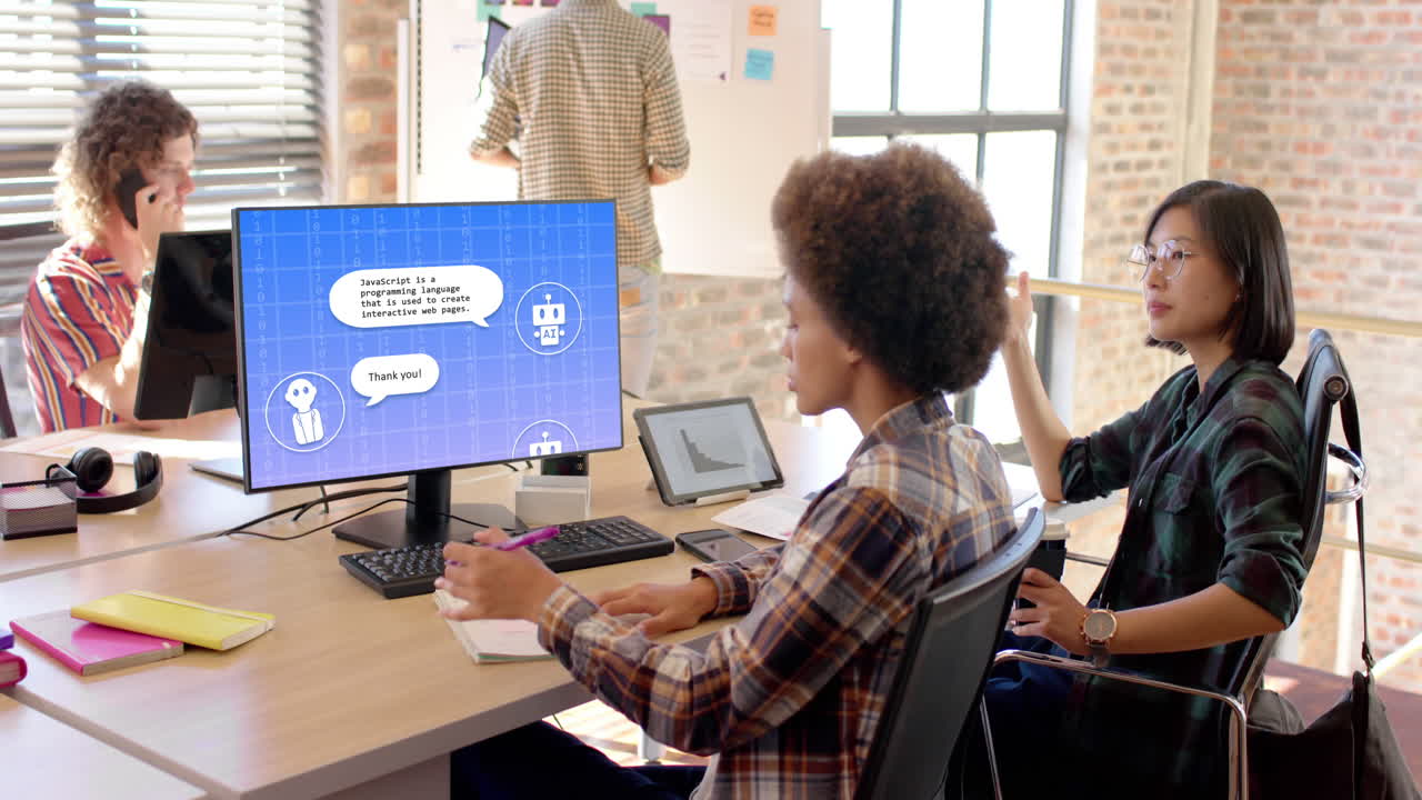 Composition of african american woman using computer with ai chat on screen