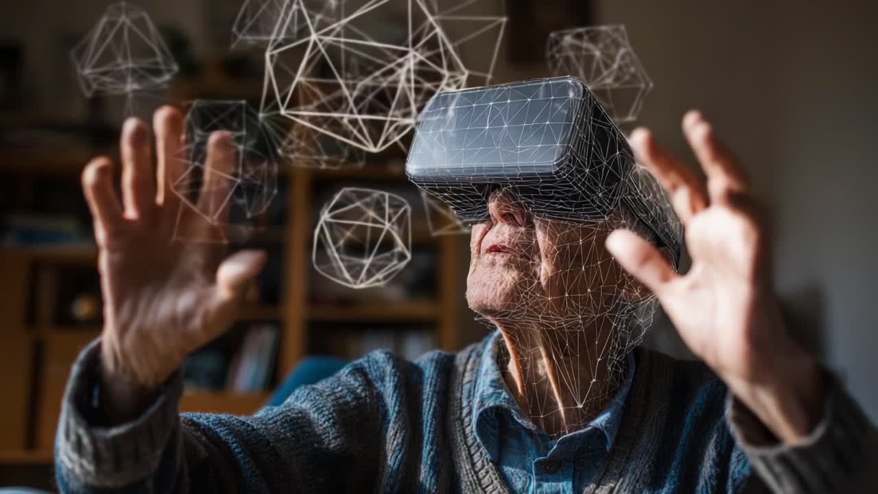 An elderly person engaged in a captivating virtual reality experience, wearing a VR headset while reaching out towards floating geometric shapes, illustrating the intersection of aging and advanced technology in modern entertainment