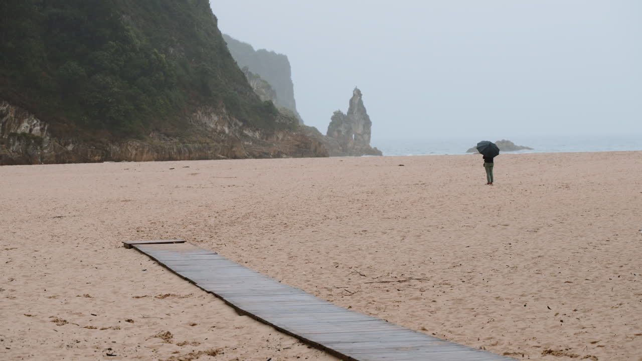 A solitary figure with an umbrella on a misty beach with cliffs