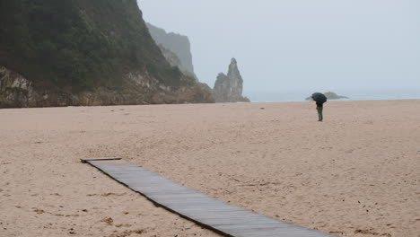 a solitary figure with an umbrella on a misty beach with cliffs