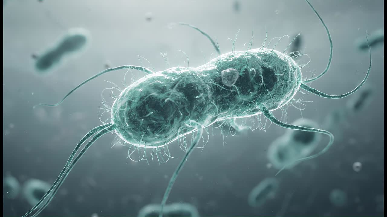 Organismo batterico microscopico che galleggia in un ambiente fluido con una struttura cellulare dettagliata e flagelli in movimento