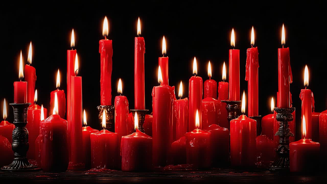 Una Suggestiva Esposizione di Candele Rosse Luminose che Illuminano l'Oscurità, Creando un'Atmosfera Incantevole di Calore e Serenità in Tutta la Scena