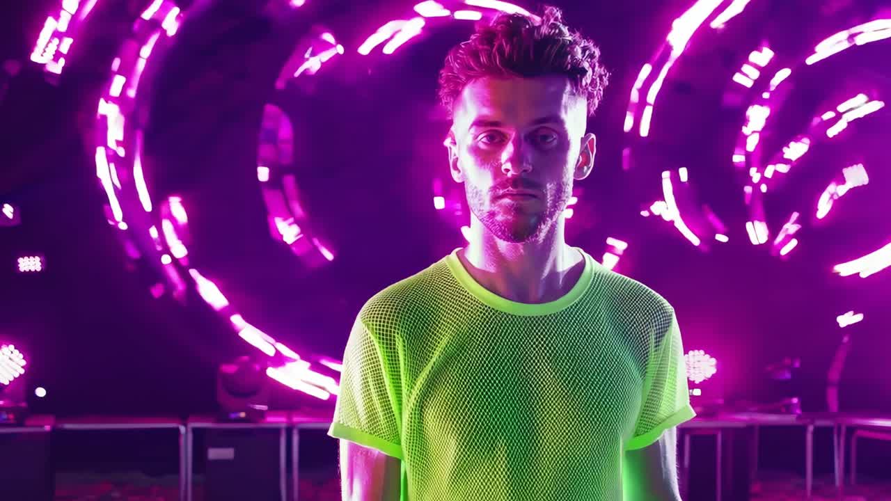 Dj performing onstage, sporting fluorescent shirt amid vibrant led lighting and neon pink green hues, surrounded by professional sound equipment and intense stage illumination