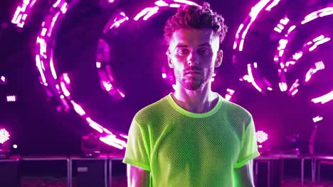 dj performing onstage, sporting fluorescent shirt amid vibrant led lighting and neon pink green hues, surrounded by professional sound equipment and intense stage illumination