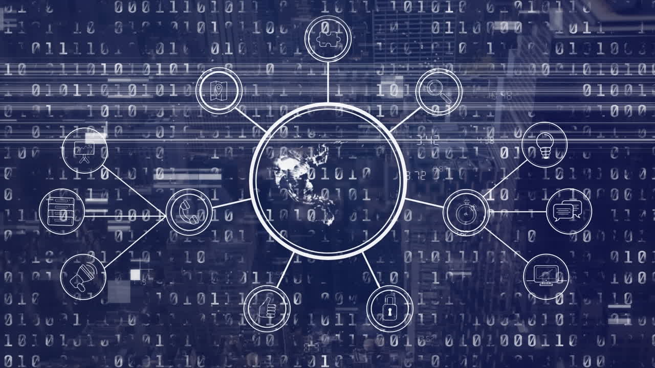 Animation of data processing with globe on blue background